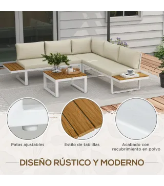 Juego de Muebles de Terraza Incluye 2 Sofás Dobles 1 Sofá Esquinero Reclinable y Mesa de Centro con Cojines Crema