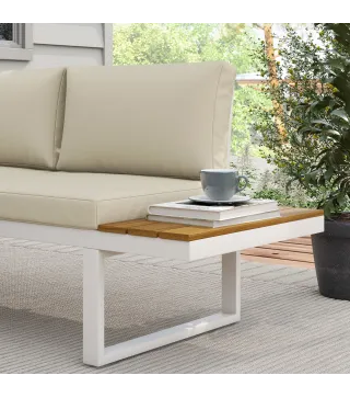 Juego de Muebles de Terraza Incluye 2 Sofás Dobles 1 Sofá Esquinero Reclinable y Mesa de Centro con Cojines Crema