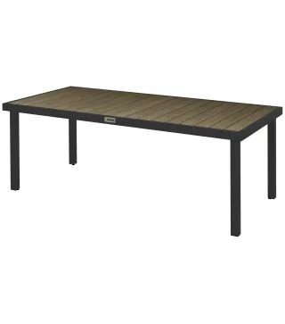 Mesa de Comedor Exterior 190x90x74 cm con Encimera de Listones y Estructura de Aluminio para Terraza Rústico y Negro