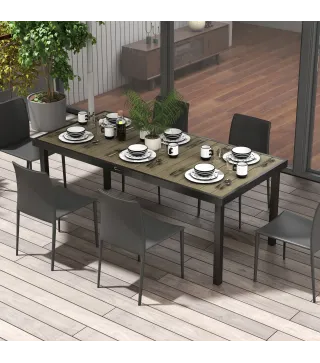 Mesa de Comedor Exterior 190x90x74 cm con Encimera de Listones y Estructura de Aluminio para Terraza Rústico y Negro