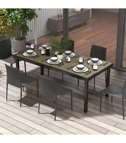 Mesa de Comedor Exterior 190x90x74 cm con Encimera de Listones y Estructura de Aluminio para Terraza Rústico y Negro