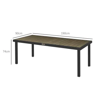 Mesa de Comedor Exterior 190x90x74 cm con Encimera de Listones y Estructura de Aluminio para Terraza Rústico y Negro