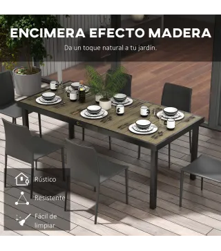 Mesa de Comedor Exterior 190x90x74 cm con Encimera de Listones y Estructura de Aluminio para Terraza Rústico y Negro