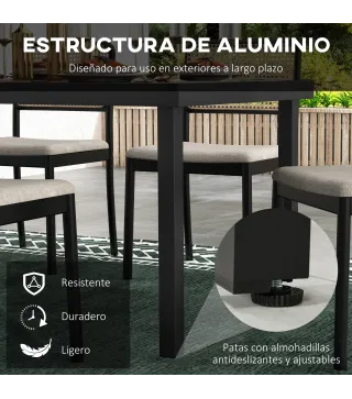 Mesa de Comedor Exterior 190x90x74 cm con Encimera de Listones y Estructura de Aluminio para Terraza Rústico y Negro