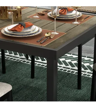 Mesa de Comedor Exterior 190x90x74 cm con Encimera de Listones y Estructura de Aluminio para Terraza Rústico y Negro