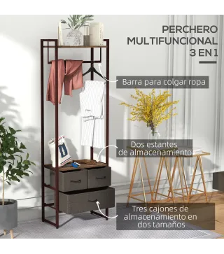 Perchero para Ropa Perchero Recibidor con 3 Cajones de Tela y Estante de Almacenamiento 58,5x30x178 cm Marrón Rústico