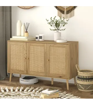 Aparador para Salón Bohemio con Puertas de Ratán y Estantes Ajustables 120x40x75 cm Madera Natural