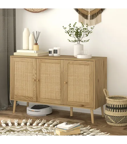 Aparador para Salón Bohemio con Puertas de Ratán y Estantes Ajustables 120x40x75 cm Madera Natural