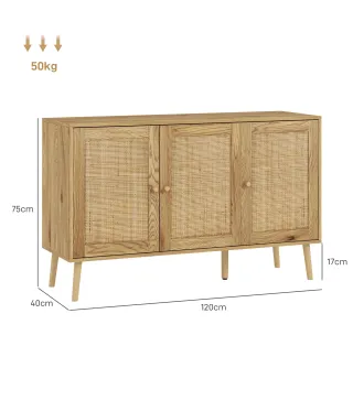 Aparador para Salón Bohemio con Puertas de Ratán y Estantes Ajustables 120x40x75 cm Madera Natural