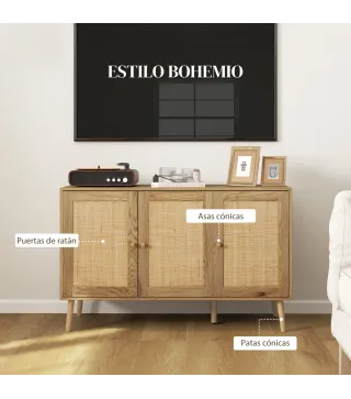 Aparador para Salón Bohemio con Puertas de Ratán y Estantes Ajustables 120x40x75 cm Madera Natural