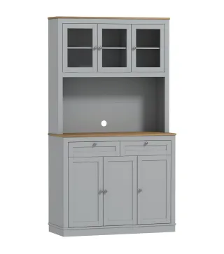 Alacena de Cocina con 3 Puertas de Vidrio Compartimento Abierto 2 Cajones y Estantes Ajustables 100x40x180 cm Gris