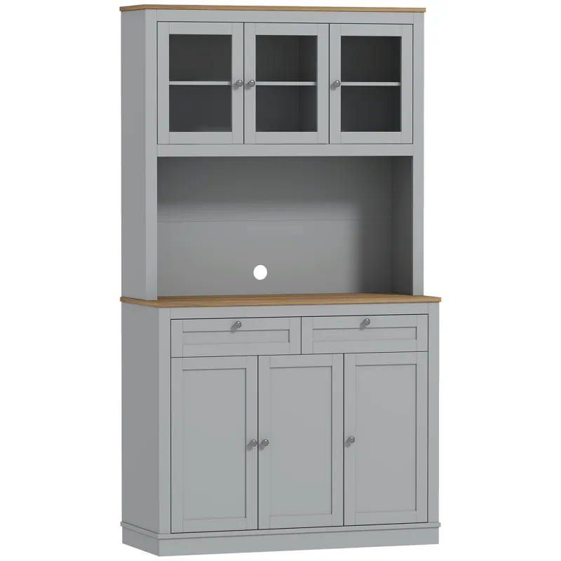 Alacena de Cocina con 3 Puertas de Vidrio Compartimento Abierto 2 Cajones y Estantes Ajustables 100x40x180 cm Gris Alacena de Cocina con 3 Puertas de Vidrio Compartimento Abierto 2 Cajones y Estantes Ajustables 100x40x180 cm Gris