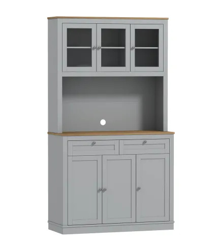 Alacena de Cocina con 3 Puertas de Vidrio Compartimento Abierto 2 Cajones y Estantes Ajustables 100x40x180 cm Gris