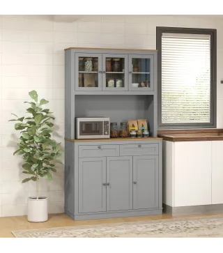 Alacena de Cocina con 3 Puertas de Vidrio Compartimento Abierto 2 Cajones y Estantes Ajustables 100x40x180 cm Gris