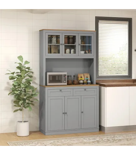 Alacena de Cocina con 3 Puertas de Vidrio Compartimento Abierto 2 Cajones y Estantes Ajustables 100x40x180 cm Gris
