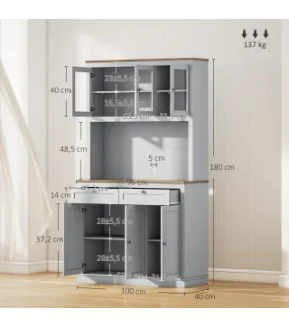 Alacena de Cocina con 3 Puertas de Vidrio Compartimento Abierto 2 Cajones y Estantes Ajustables 100x40x180 cm Gris