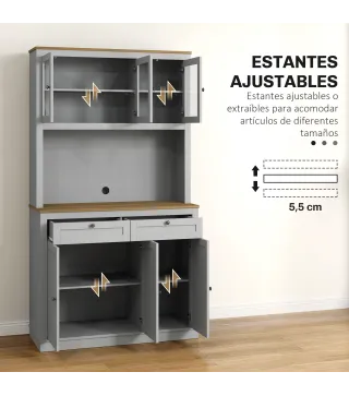 Alacena de Cocina con 3 Puertas de Vidrio Compartimento Abierto 2 Cajones y Estantes Ajustables 100x40x180 cm Gris