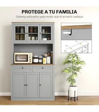 Alacena de Cocina con 3 Puertas de Vidrio Compartimento Abierto 2 Cajones y Estantes Ajustables 100x40x180 cm Gris