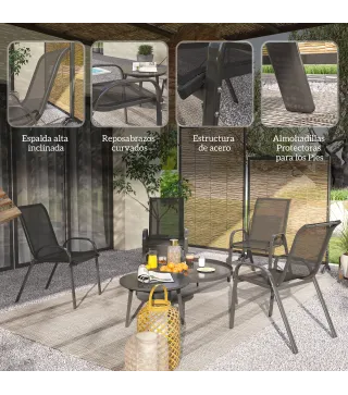 Set de 4 Sillas de Exterior Apilables con Asiento de Malla Respaldo Alto y Marco de Acero para Jardín o Terraza