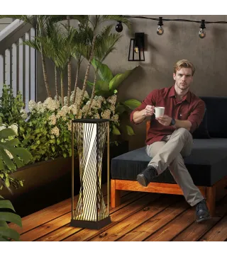 Lámpara de Jardín de Ratán Sintético con Luces LED Encendido y Apagado Automático Impermeable 22x22x77 cm Gris