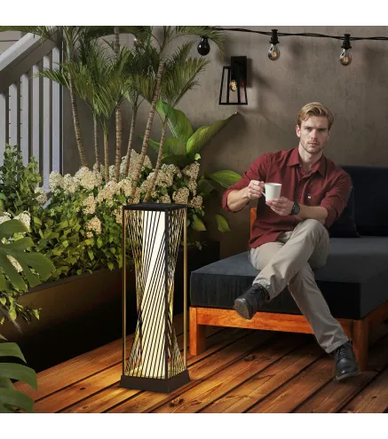 Lámpara de Jardín de Ratán Sintético con Luces LED Encendido y Apagado Automático Impermeable 22x22x77 cm Gris