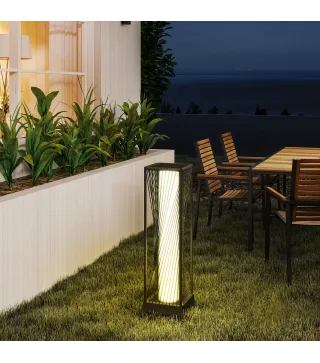 Lámpara de Jardín de Ratán Sintético con Luces LED Encendido y Apagado Automático Impermeable 22x22x77 cm Gris