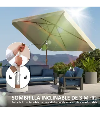 Sombrilla de Terraza Exterior 300x200x235 cm con Ángulo Ajustable Mástil de Aluminio Manivela y Protección UV 50+ Beige