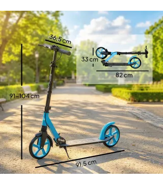 Patinete Plegable para Adultos y Niños de +14 Años Scooter con Manillar Ajustable 91,5x36,5x91-104 cm Azul