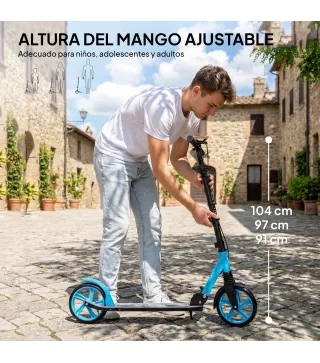 Patinete Plegable para Adultos y Niños de +14 Años Scooter con Manillar Ajustable 91,5x36,5x91-104 cm Azul