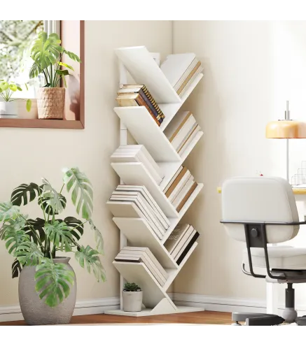Estantería en Forma de Árbol con 9 Estantes y Sistema Antivuelco para Salón Dormitorio 50x24x136 cm Blanco