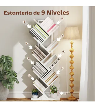 Estantería en Forma de Árbol con 9 Estantes y Sistema Antivuelco para Salón Dormitorio 50x24x136 cm Blanco