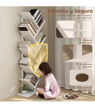 Estantería en Forma de Árbol con 9 Estantes y Sistema Antivuelco para Salón Dormitorio 50x24x136 cm Blanco