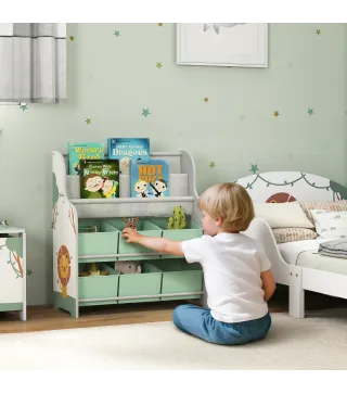 Estantería Infantil para Juguetes con 6 Cajas Extraíbles de Tela no Tejida y 2 Estantes para Guardería 63x30x71 cm Verde