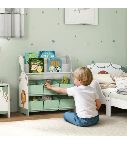 Estantería Infantil para Juguetes con 6 Cajas Extraíbles de Tela no Tejida y 2 Estantes para Guardería 63x30x71 cm Verde
