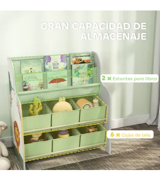 Estantería Infantil para Juguetes con 6 Cajas Extraíbles de Tela no Tejida y 2 Estantes para Guardería 63x30x71 cm Verde