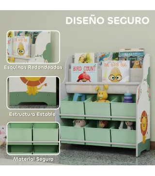Estantería Infantil para Juguetes con 6 Cajas Extraíbles de Tela no Tejida y 2 Estantes para Guardería 63x30x71 cm Verde