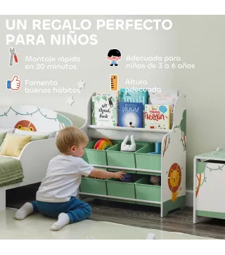 Estantería Infantil para Juguetes con 6 Cajas Extraíbles de Tela no Tejida y 2 Estantes para Guardería 63x30x71 cm Verde