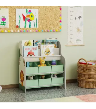 Estantería Infantil para Juguetes con 6 Cajas Extraíbles de Tela no Tejida y 2 Estantes para Guardería 63x30x71 cm Verde