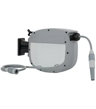 Carrete de Manguera Retráctil 10+1 m con Boquilla de 2 Modos Bloqueo Automático y Retracción Controlada Soporte Gris
