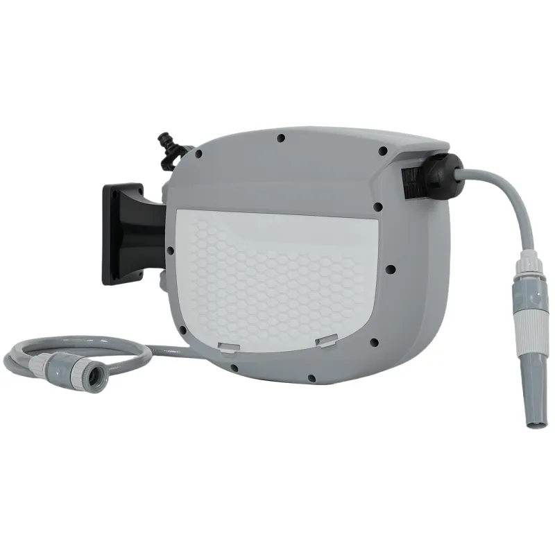 Carrete de Manguera Retráctil 10+1 m con Boquilla de 2 Modos Bloqueo Automático y Retracción Controlada Soporte Gris