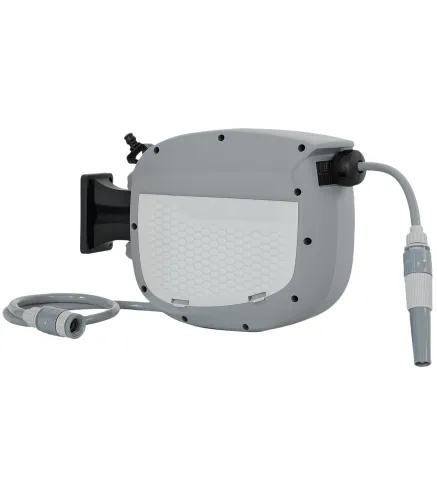 Carrete de Manguera Retráctil 10+1 m con Boquilla de 2 Modos Bloqueo Automático y Retracción Controlada Soporte Gris