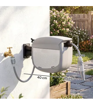 Carrete de Manguera Retráctil 10+1 m con Boquilla de 2 Modos Bloqueo Automático y Retracción Controlada Soporte Gris