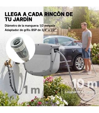 Carrete de Manguera Retráctil 10+1 m con Boquilla de 2 Modos Bloqueo Automático y Retracción Controlada Soporte Gris