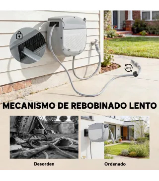 Carrete de Manguera Retráctil 10+1 m con Boquilla de 2 Modos Bloqueo Automático y Retracción Controlada Soporte Gris