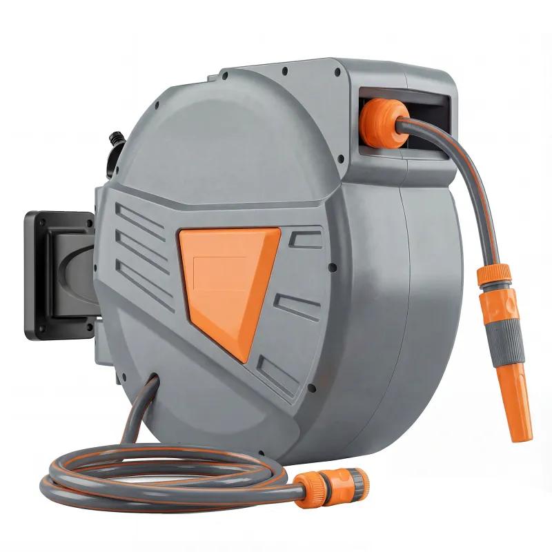 Carrete de Manguera Retráctil 20+1,6 m con Boquilla de 2 Modos Bloqueo Automático Retracción Controlada Soporte Naranja
