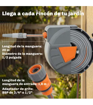 Carrete de Manguera Retráctil 20+1,6 m con Boquilla de 2 Modos Bloqueo Automático Retracción Controlada Soporte Naranja