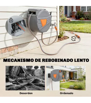 Carrete de Manguera Retráctil 20+1,6 m con Boquilla de 2 Modos Bloqueo Automático Retracción Controlada Soporte Naranja