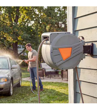Carrete de Manguera Retráctil 20+1,6 m con Boquilla de 2 Modos Bloqueo Automático Retracción Controlada Soporte Naranja