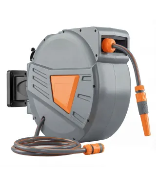 Carrete de Manguera Retráctil 30+2 m con Boquilla de 2 Modos Bloqueo Automático y Retracción Controlada Soporte Naranja
