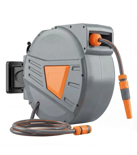 Carrete de Manguera Retráctil 30+2 m con Boquilla de 2 Modos Bloqueo Automático y Retracción Controlada Soporte Naranja